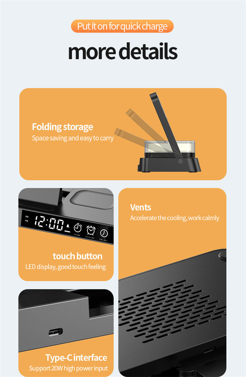 3 In 1 Foldable Wireless Charger Stand , Alarm Clock Display, With Removable Magnetic RGB Night Light A Ton of Goods