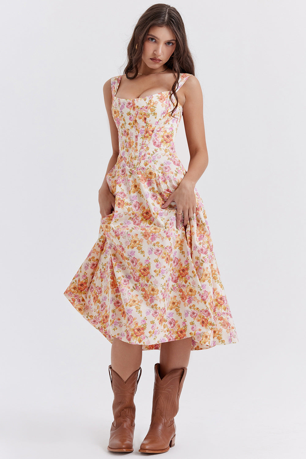 Temperament Waist-controlled Slimming Sexy Suspenders Split Floral Dress A Ton of Goods