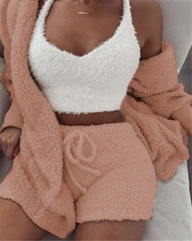 Winter Sexy Women Home Wear Suit Casual Pajamas Set Lady Female Soft Warm Long Sleeve Exposed Navel Vest Shorts Set A Ton of Goods