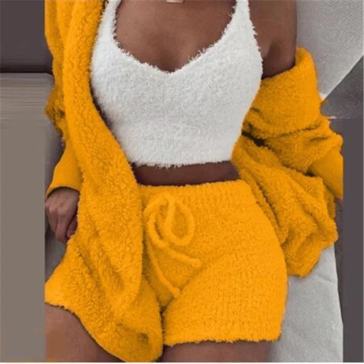 Winter Sexy Women Home Wear Suit Casual Pajamas Set Lady Female Soft Warm Long Sleeve Exposed Navel Vest Shorts Set A Ton of Goods