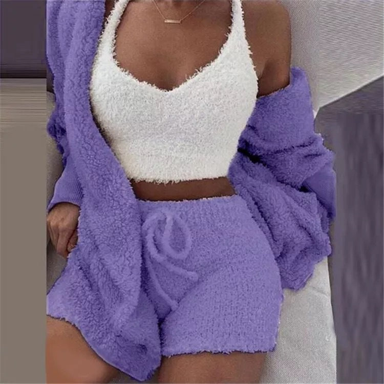 Winter Sexy Women Home Wear Suit Casual Pajamas Set Lady Female Soft Warm Long Sleeve Exposed Navel Vest Shorts Set A Ton of Goods