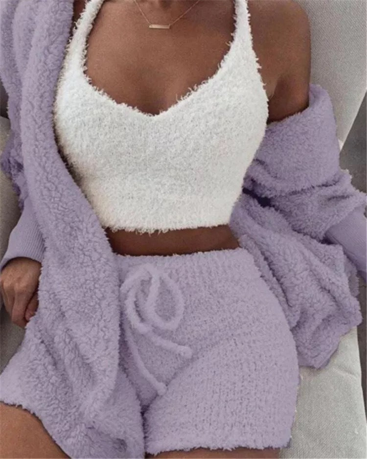 Winter Sexy Women Home Wear Suit Casual Pajamas Set Lady Female Soft Warm Long Sleeve Exposed Navel Vest Shorts Set A Ton of Goods