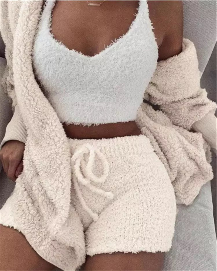 Winter Sexy Women Home Wear Suit Casual Pajamas Set Lady Female Soft Warm Long Sleeve Exposed Navel Vest Shorts Set A Ton of Goods