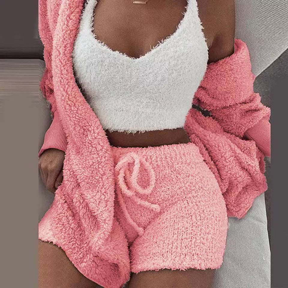 Winter Sexy Women Home Wear Suit Casual Pajamas Set Lady Female Soft Warm Long Sleeve Exposed Navel Vest Shorts Set A Ton of Goods