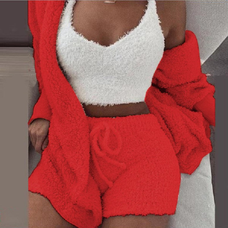 Winter Sexy Women Home Wear Suit Casual Pajamas Set Lady Female Soft Warm Long Sleeve Exposed Navel Vest Shorts Set A Ton of Goods