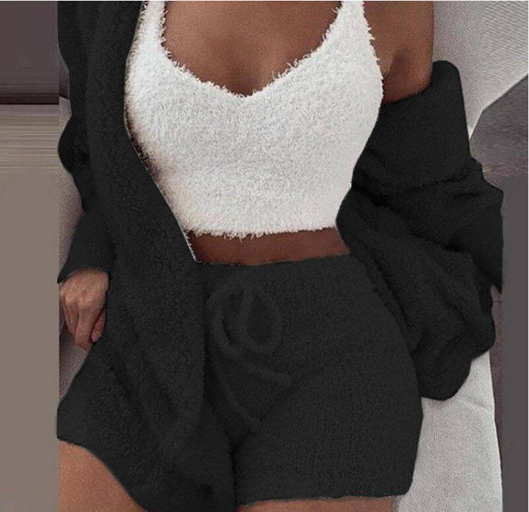 Winter Sexy Women Home Wear Suit Casual Pajamas Set Lady Female Soft Warm Long Sleeve Exposed Navel Vest Shorts Set A Ton of Goods