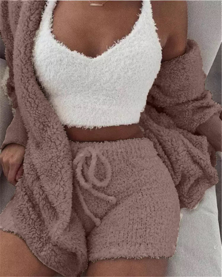 Winter Sexy Women Home Wear Suit Casual Pajamas Set Lady Female Soft Warm Long Sleeve Exposed Navel Vest Shorts Set A Ton of Goods