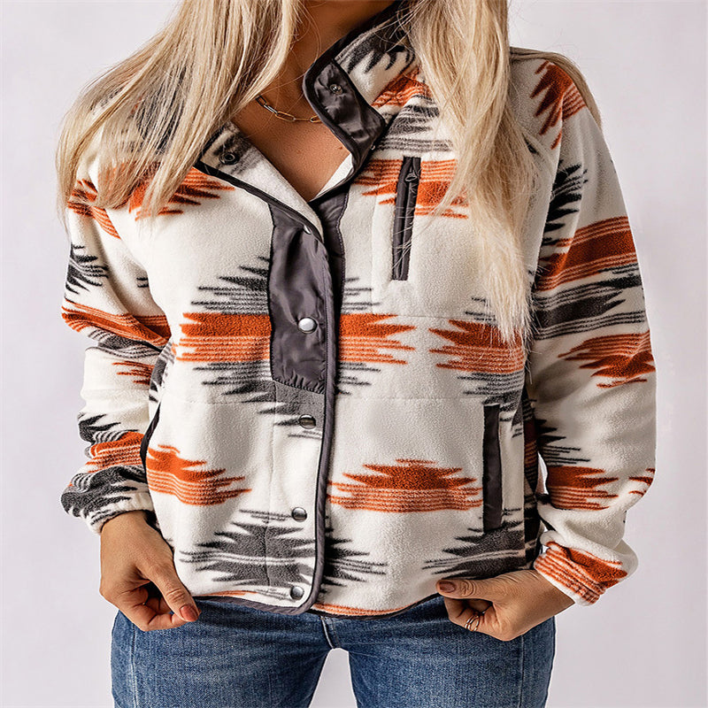 Winter Women's Printed Cardigan Jacket Fashion Color Contrast Fleece Coat A Ton of Goods