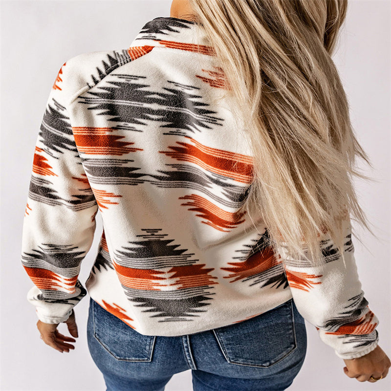 Winter Women's Printed Cardigan Jacket Fashion Color Contrast Fleece Coat A Ton of Goods