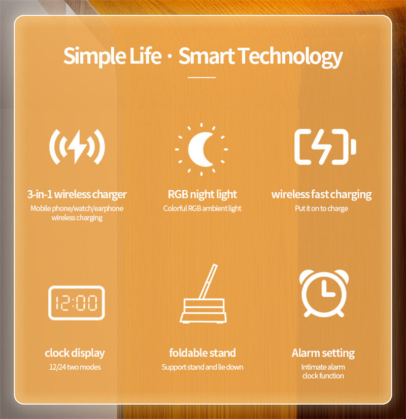 3 In 1 Foldable Wireless Charger Stand , Alarm Clock Display,  With Removable Magnetic RGB Night Light A Ton of Goods