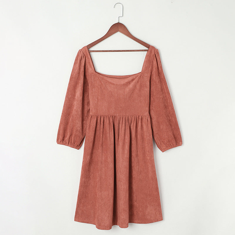 Suede European And American Autumn Solid Color Square Collar Puff Sleeve Waist Dress A Ton of Goods