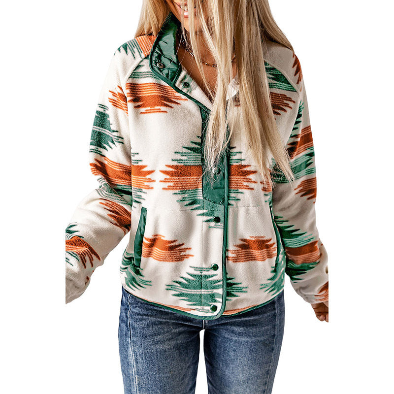 Winter Women's Printed Cardigan Jacket Fashion Color Contrast Fleece Coat A Ton of Goods