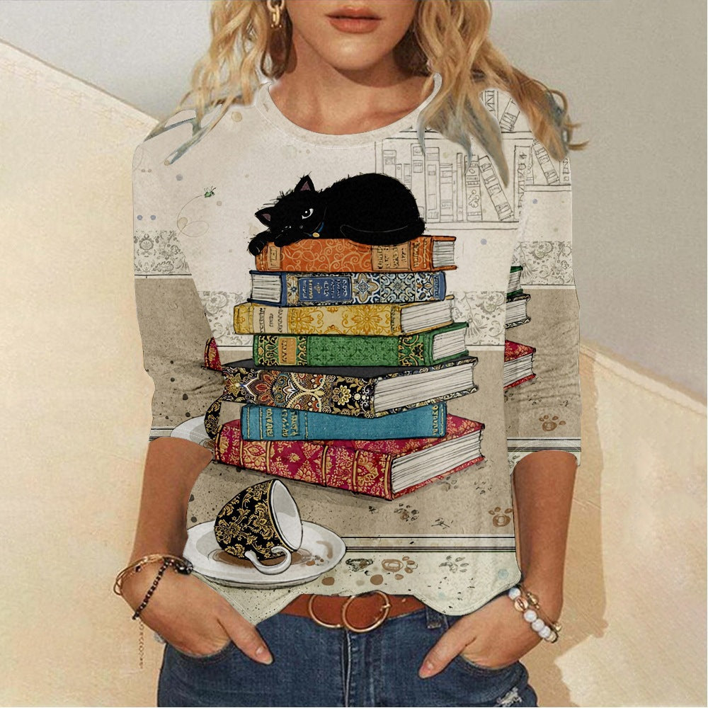 Women's Christmas Cat Creative Print Round Neck Long Sleeve T-Shirt A Ton of Goods