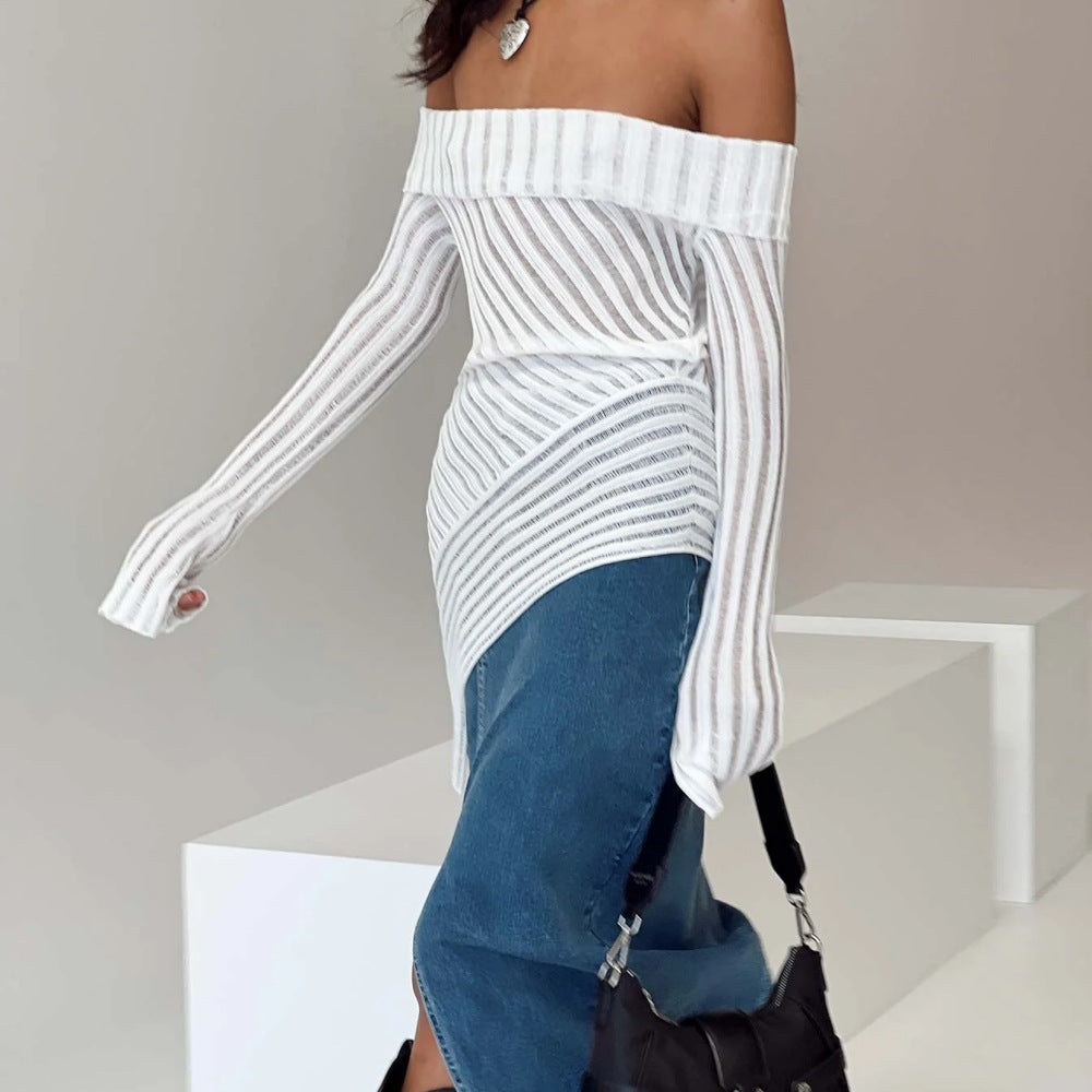 French Style Off-the-shoulder Long Sleeve Design Knitted Woolen Slim Top For Women A Ton of Goods