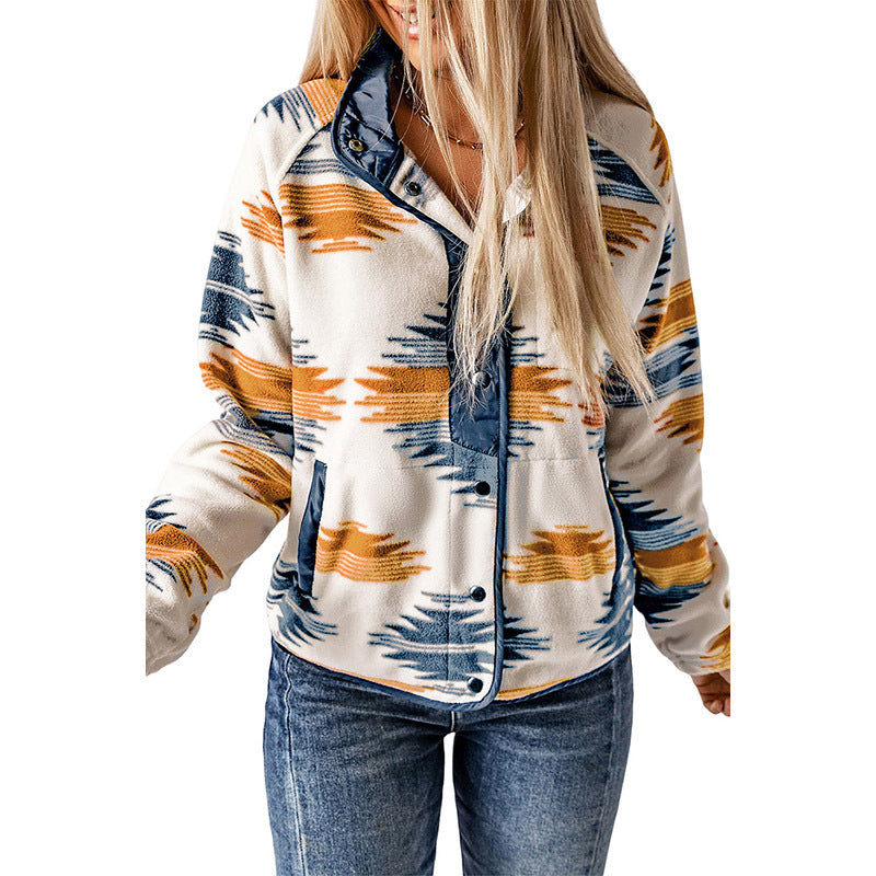 Winter Women's Printed Cardigan Jacket Fashion Color Contrast Fleece Coat A Ton of Goods