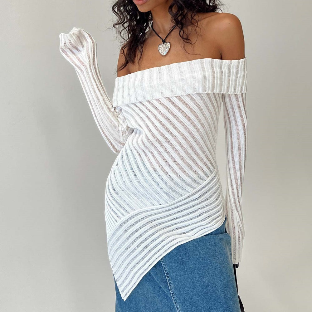 French Style Off-the-shoulder Long Sleeve Design Knitted Woolen Slim Top For Women A Ton of Goods