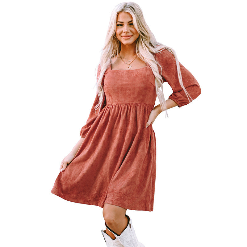 Suede European And American Autumn Solid Color Square Collar Puff Sleeve Waist Dress A Ton of Goods