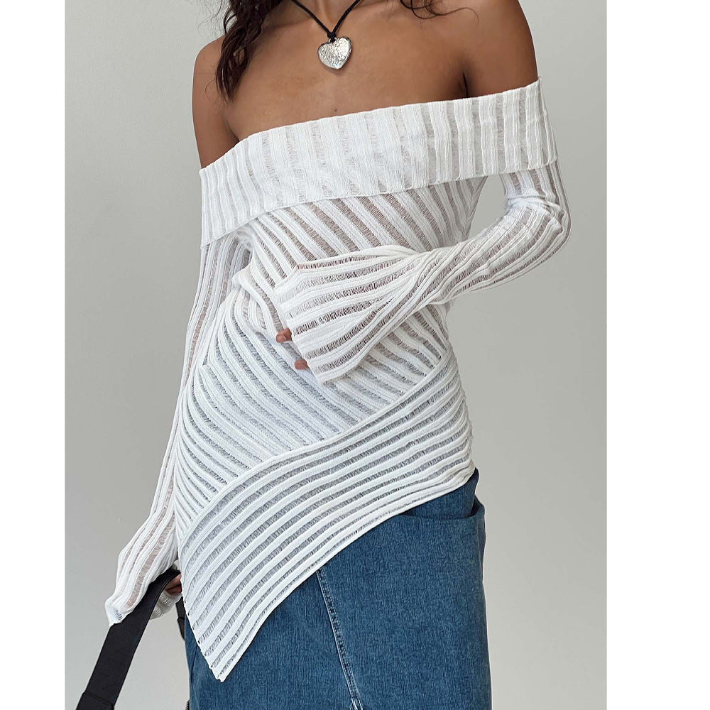 French Style Off-the-shoulder Long Sleeve Design Knitted Woolen Slim Top For Women A Ton of Goods