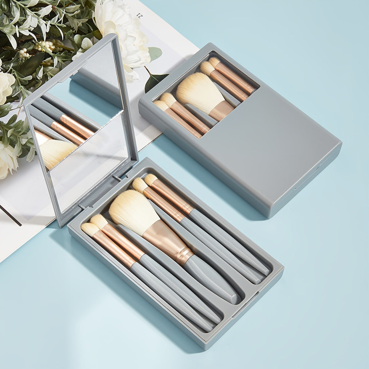 5 PCs Makeup Brushes With Mirror Travel Set A Ton of Goods