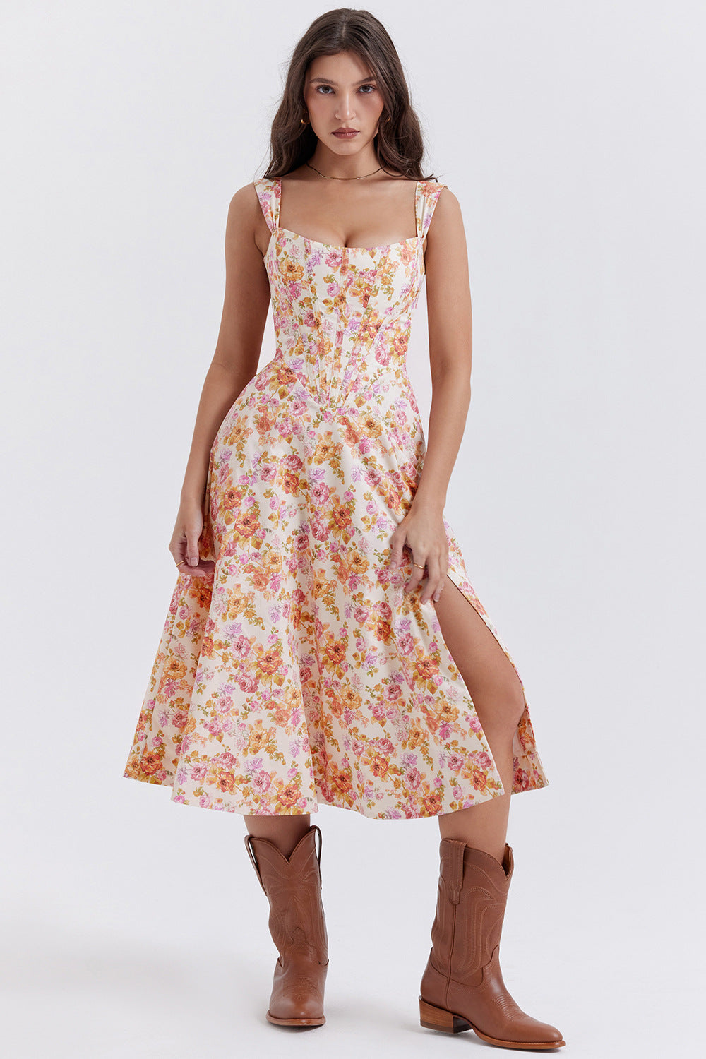 Temperament Waist-controlled Slimming Sexy Suspenders Split Floral Dress A Ton of Goods