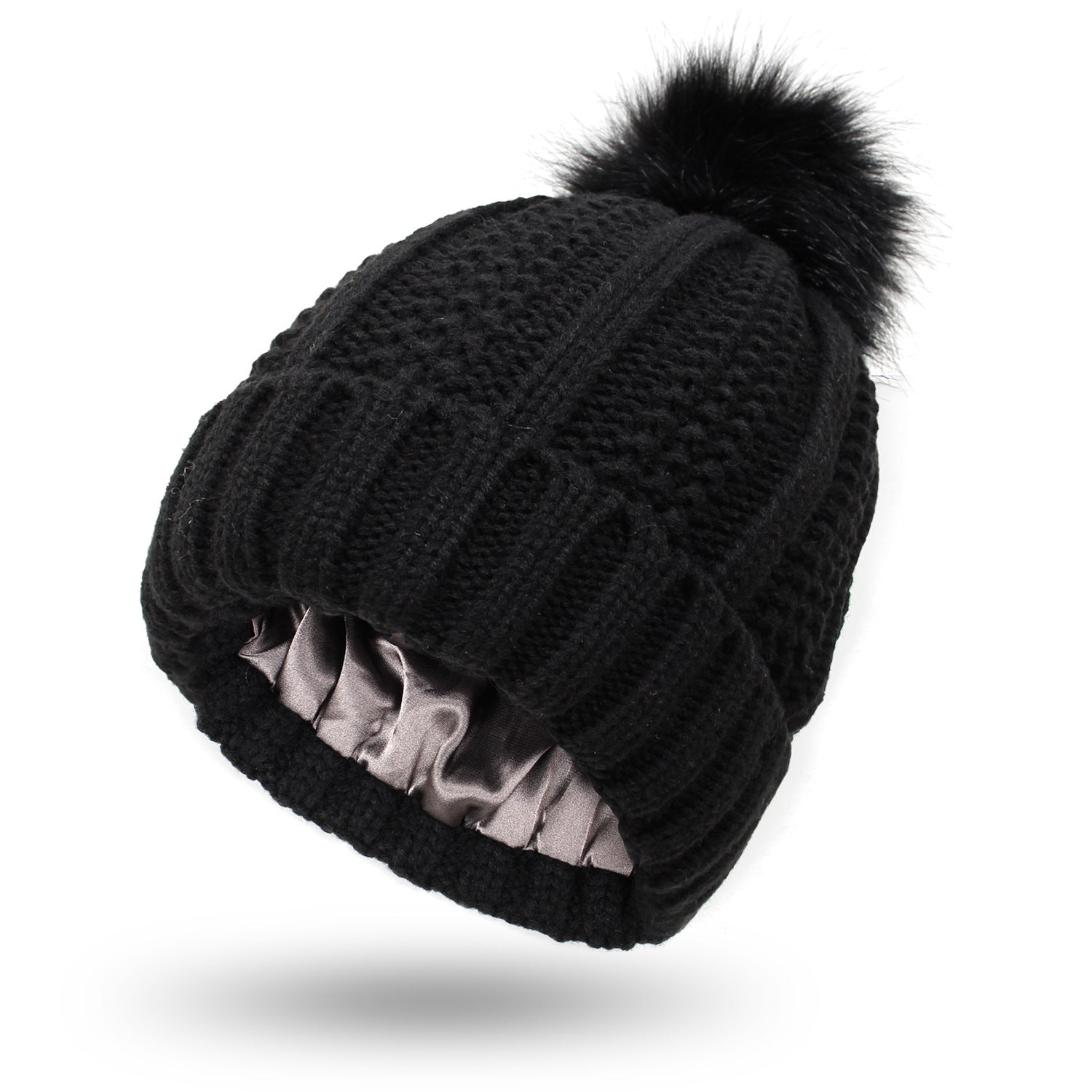 Fashion Stretchy Satin Lined Skull Knit Hats Beanie Hat For Women Faux Fur Pom Pom Hat Winter Keep Warming Beanie Hat A Ton of Goods