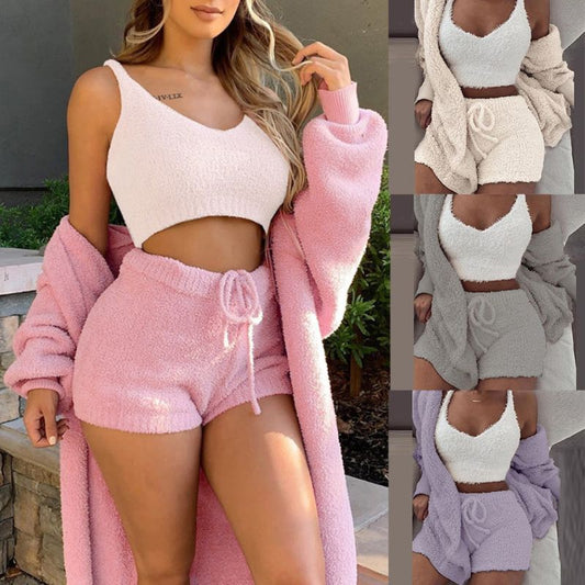 Winter Sexy Women Home Wear Suit Casual Pajamas Set Lady Female Soft Warm Long Sleeve Exposed Navel Vest Shorts Set A Ton of Goods