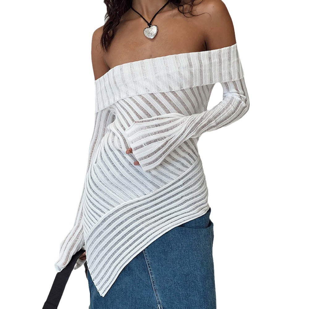 French Style Off-the-shoulder Long Sleeve Design Knitted Woolen Slim Top For Women A Ton of Goods