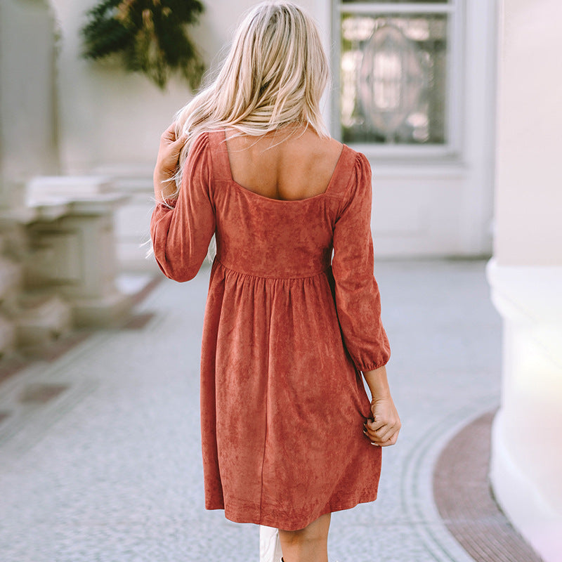 Suede European And American Autumn Solid Color Square Collar Puff Sleeve Waist Dress A Ton of Goods