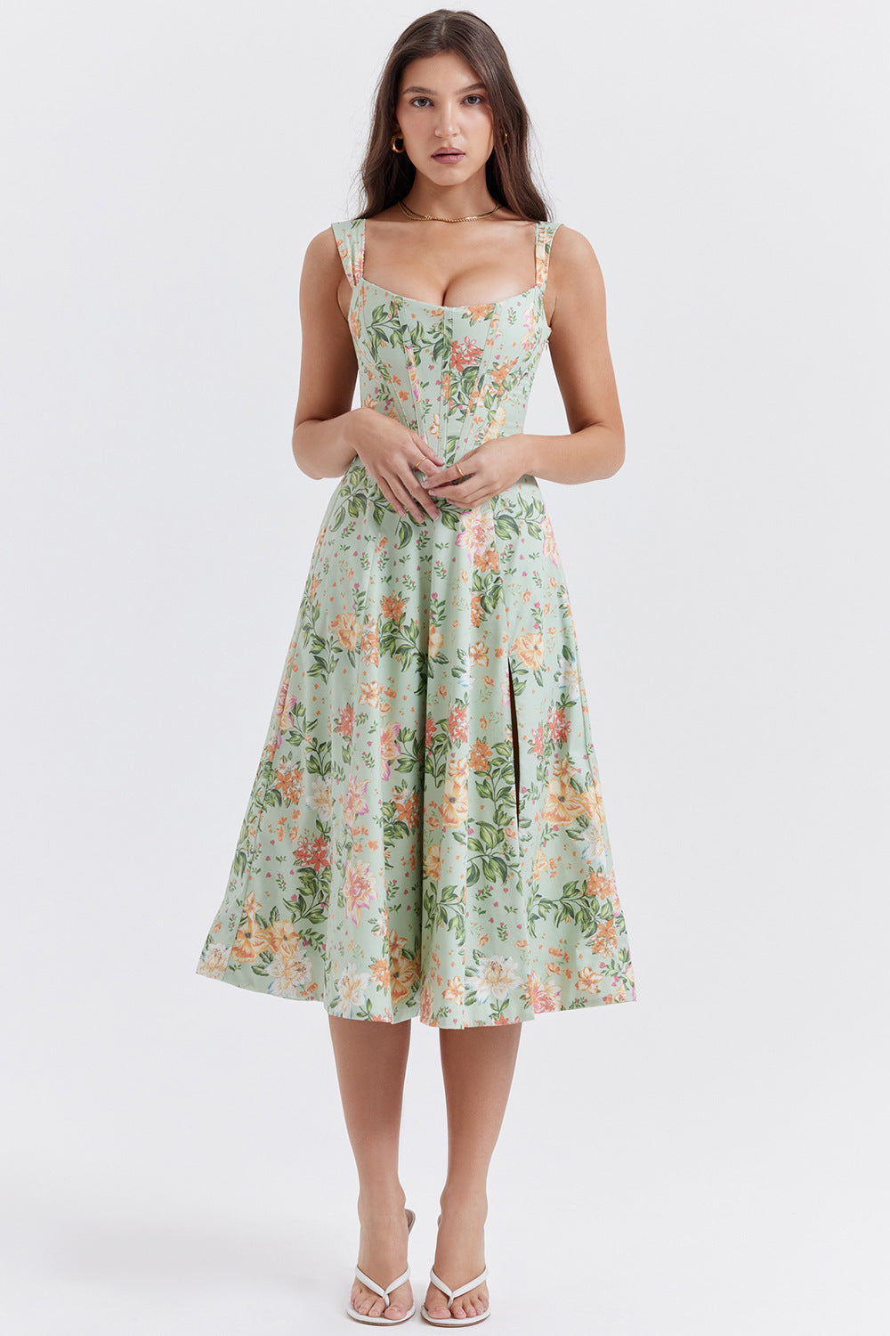 Temperament Waist-controlled Slimming Sexy Suspenders Split Floral Dress A Ton of Goods